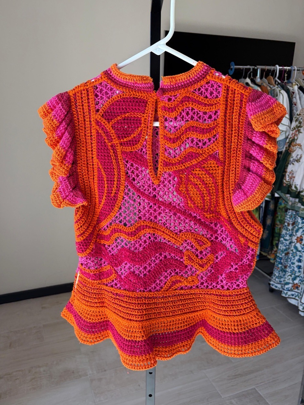 Farm Rio Pink And Orange Seashell Ruffled Crochet Top - Picture 7 of 7